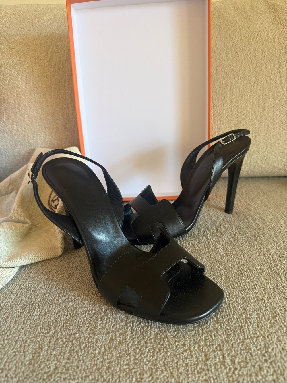 Hermes Black Leather Stiletto Slingback Heels